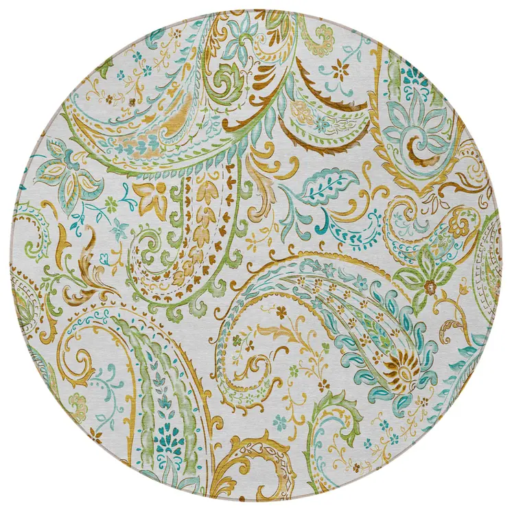 8' Round Ivory and Gold Round Paisley Washable Non Skid Indoor Outdoor Area Rug