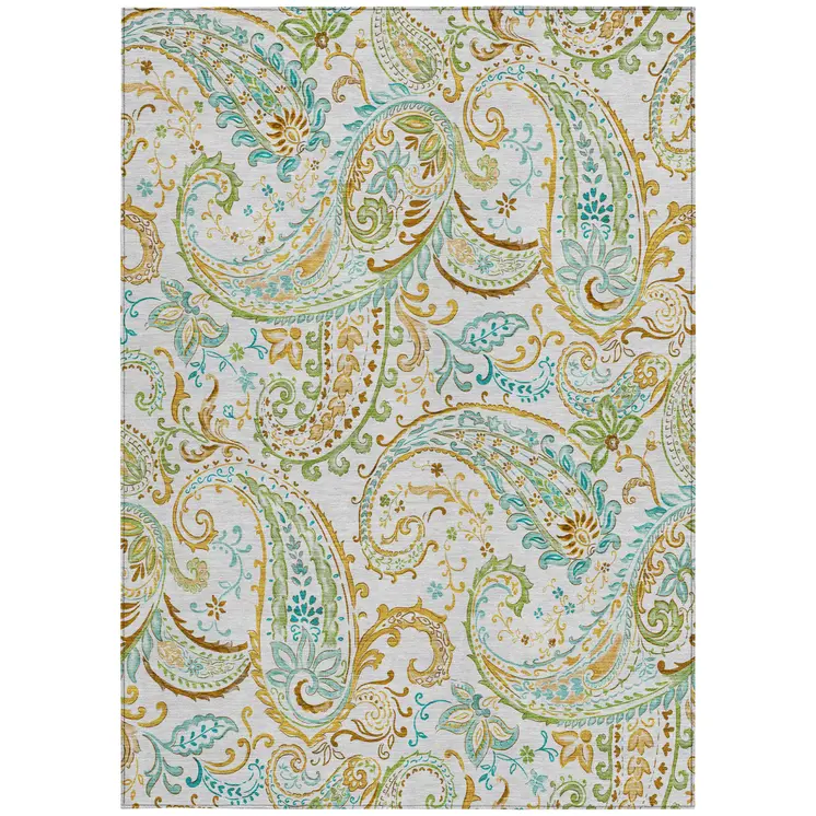 9' X 12' Ivory and Gold Paisley Washable Non Skid Indoor Outdoor Area Rug