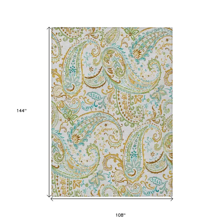9' X 12' Ivory and Gold Paisley Washable Non Skid Indoor Outdoor Area Rug