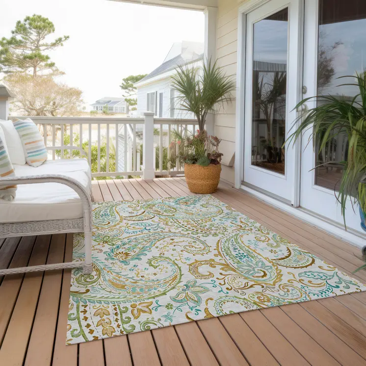 9' X 12' Ivory and Gold Paisley Washable Non Skid Indoor Outdoor Area Rug