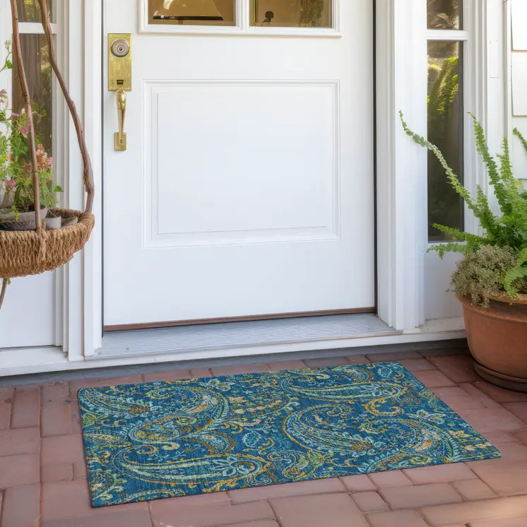 2' X 3' Navy Blue Paisley Washable Non Skid Indoor Outdoor Area Rug