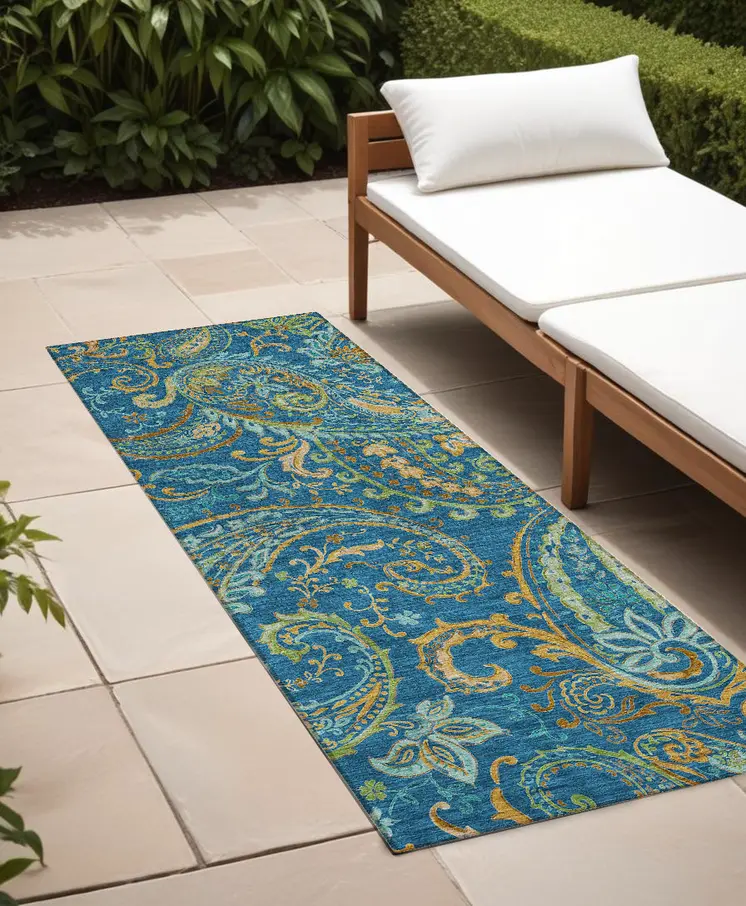 8' Runner Navy Blue Paisley Washable Non Skid Indoor Outdoor Runner Rug