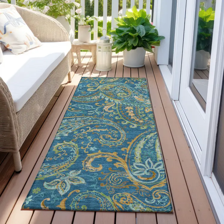 8' Runner Navy Blue Paisley Washable Non Skid Indoor Outdoor Runner Rug