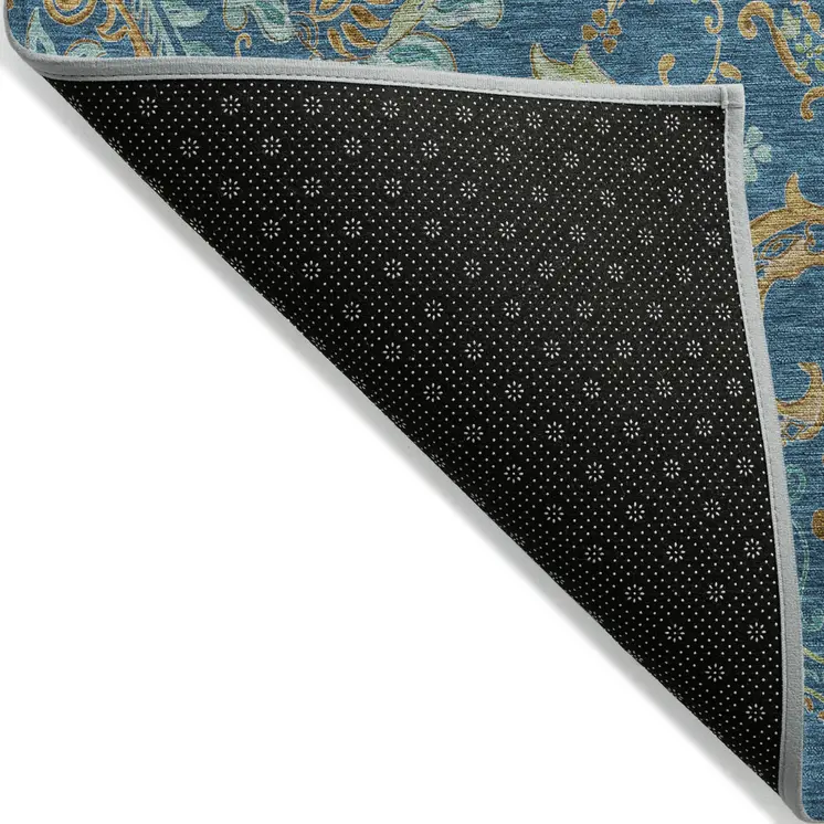 8' Runner Navy Blue Paisley Washable Non Skid Indoor Outdoor Runner Rug