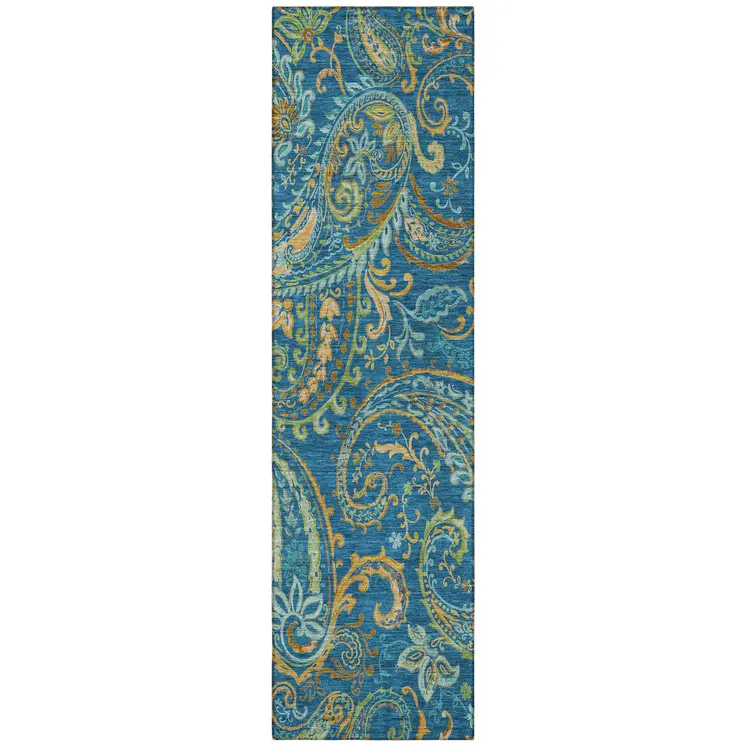 8' Runner Navy Blue Paisley Washable Non Skid Indoor Outdoor Runner Rug