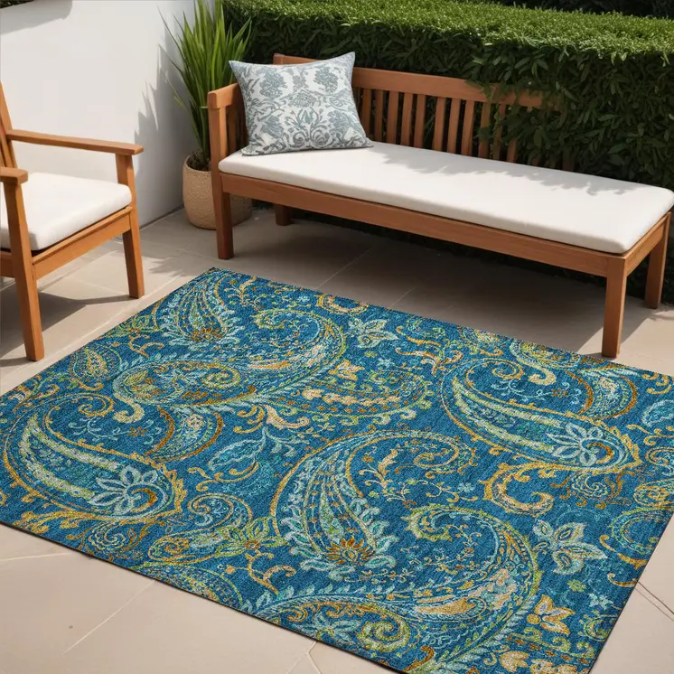5' X 8' Navy Blue Paisley Washable Non Skid Indoor Outdoor Area Rug