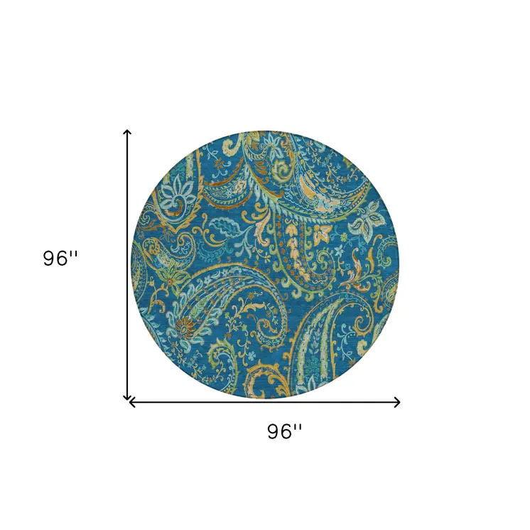 8' Round Navy Blue Round Paisley Washable Non Skid Indoor Outdoor Area Rug