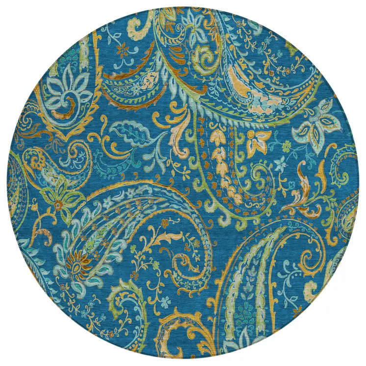 8' Round Navy Blue Round Paisley Washable Non Skid Indoor Outdoor Area Rug