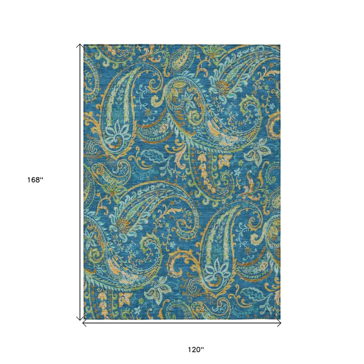 10' X 14' Navy Blue Paisley Washable Non Skid Indoor Outdoor Area Rug