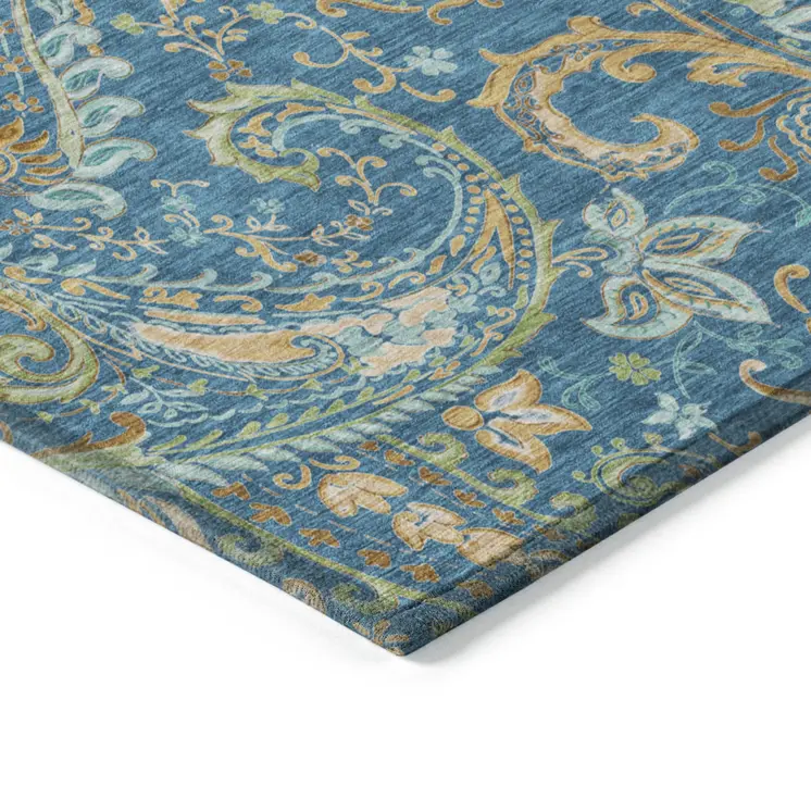 10' X 14' Navy Blue Paisley Washable Non Skid Indoor Outdoor Area Rug