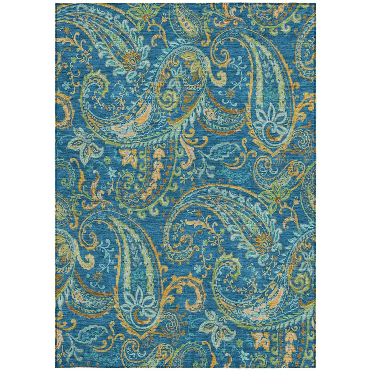 10' X 14' Navy Blue Paisley Washable Non Skid Indoor Outdoor Area Rug