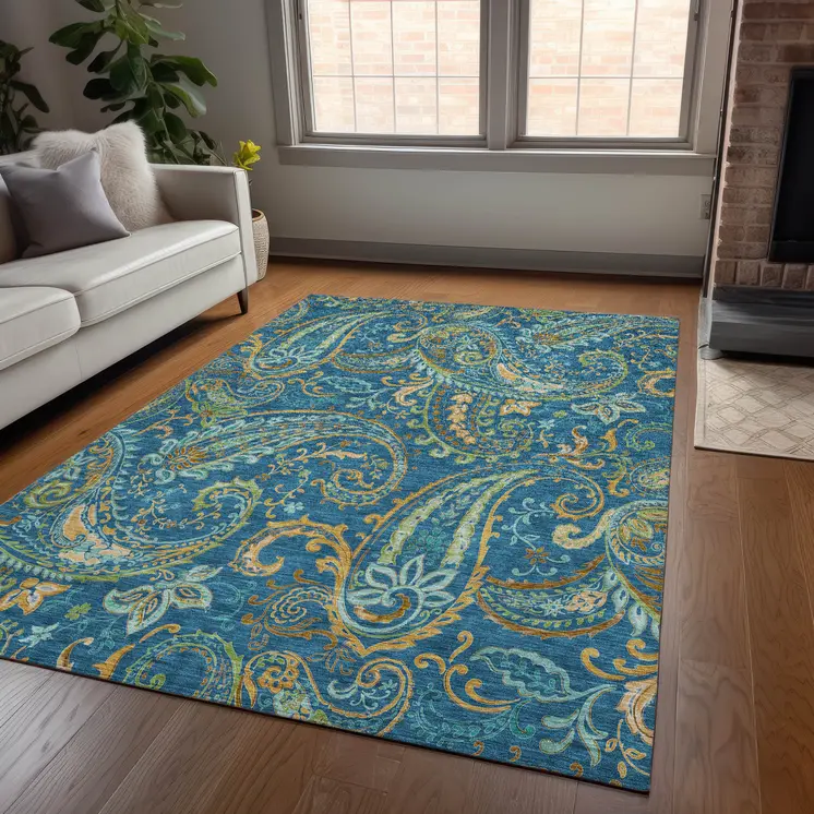 10' X 14' Navy Blue Paisley Washable Non Skid Indoor Outdoor Area Rug