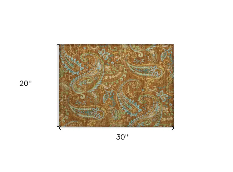 2' X 3' Orange Paisley Washable Non Skid Indoor Outdoor Area Rug