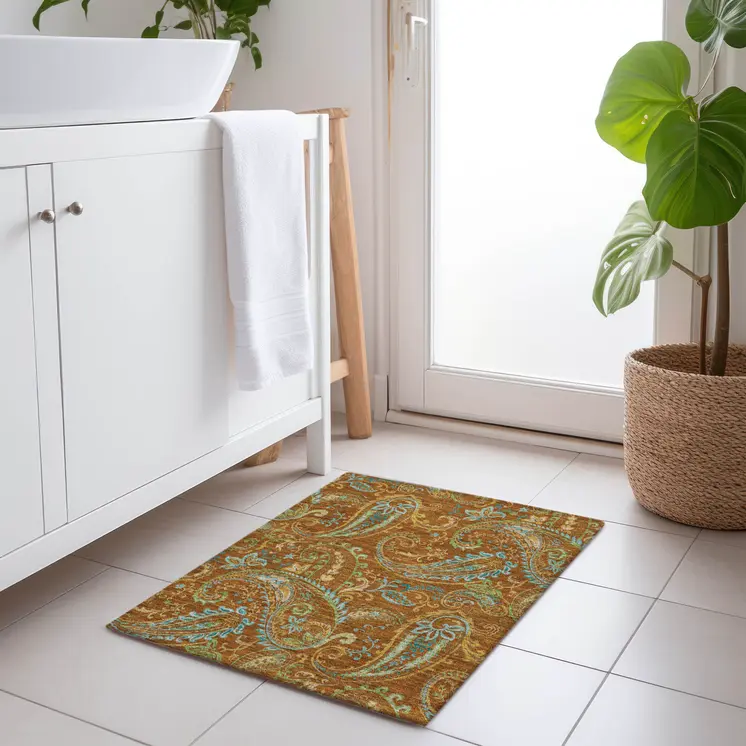 2' X 3' Orange Paisley Washable Non Skid Indoor Outdoor Area Rug