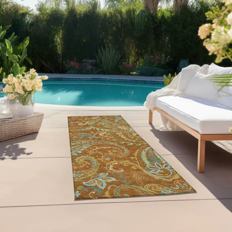 8' Runner Orange Paisley Washable Non Skid Indoor Outdoor Runner Rug