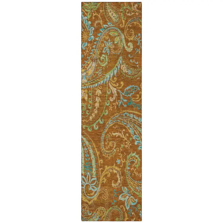 8' Runner Orange Paisley Washable Non Skid Indoor Outdoor Runner Rug