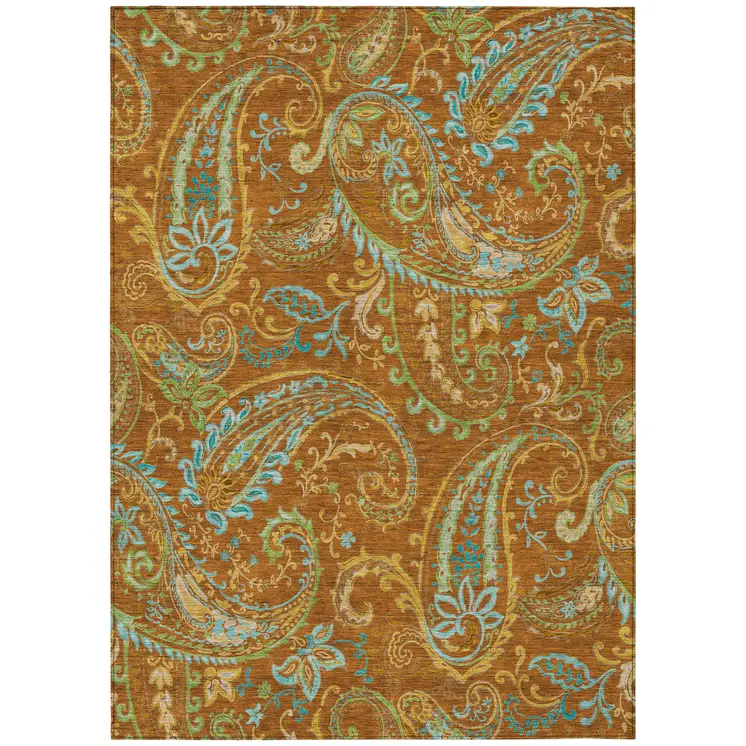 3' X 5' Orange Paisley Washable Non Skid Indoor Outdoor Area Rug