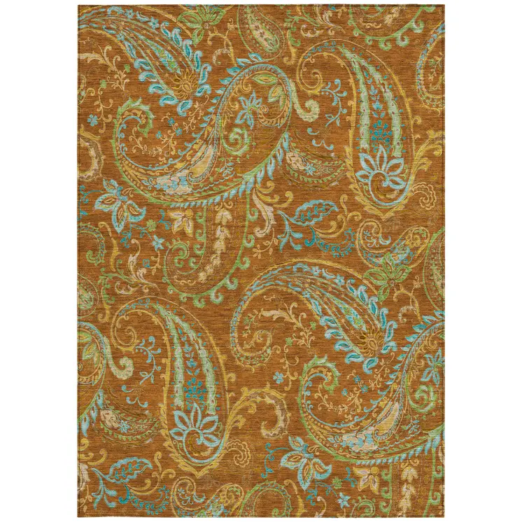 3' X 5' Orange Paisley Washable Non Skid Indoor Outdoor Area Rug