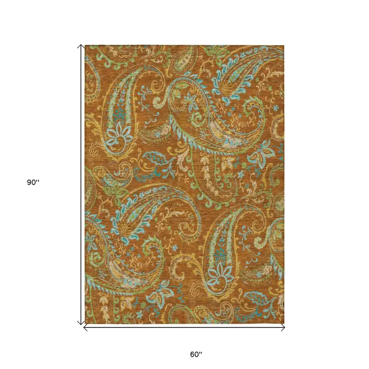 5' X 8' Orange Paisley Washable Non Skid Indoor Outdoor Area Rug