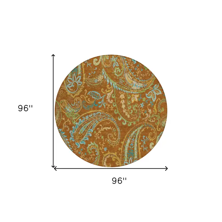 8' Round Orange Round Paisley Washable Non Skid Indoor Outdoor Area Rug