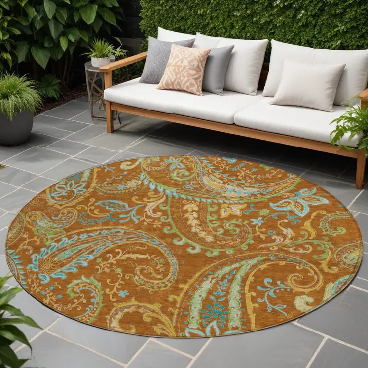 8' Round Orange Round Paisley Washable Non Skid Indoor Outdoor Area Rug