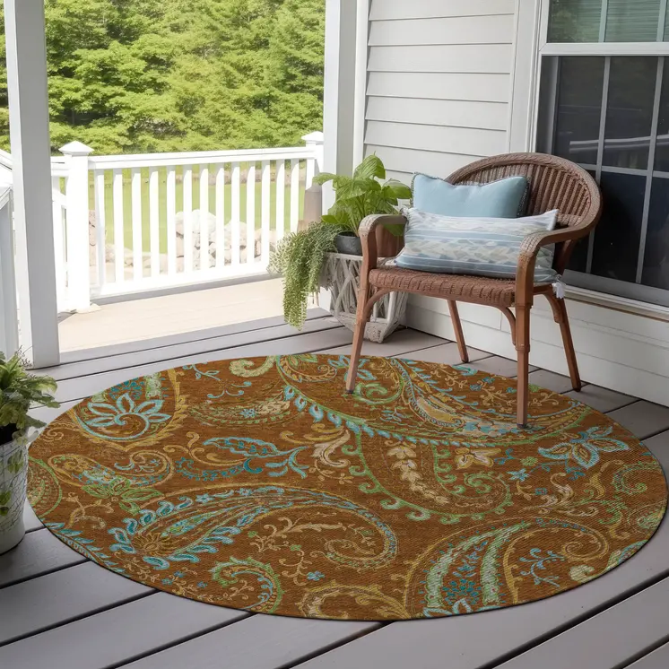 8' Round Orange Round Paisley Washable Non Skid Indoor Outdoor Area Rug