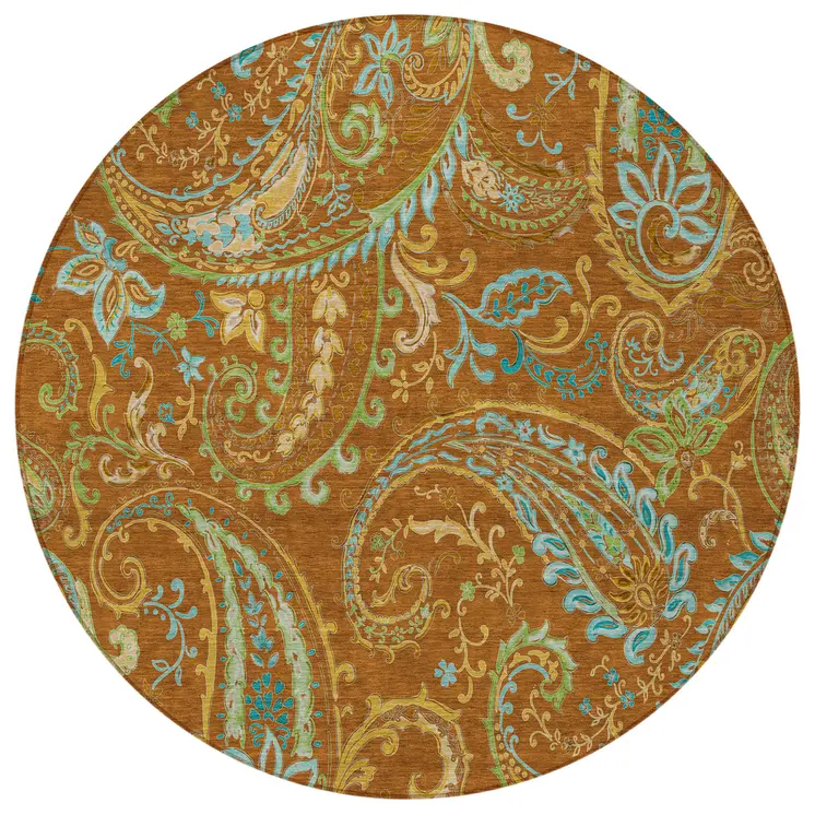 8' Round Orange Round Paisley Washable Non Skid Indoor Outdoor Area Rug