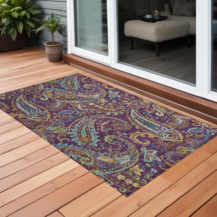 2' X 3' Purple Paisley Washable Non Skid Indoor Outdoor Area Rug