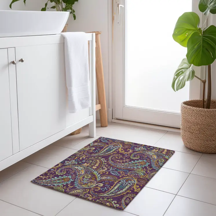 2' X 3' Purple Paisley Washable Non Skid Indoor Outdoor Area Rug