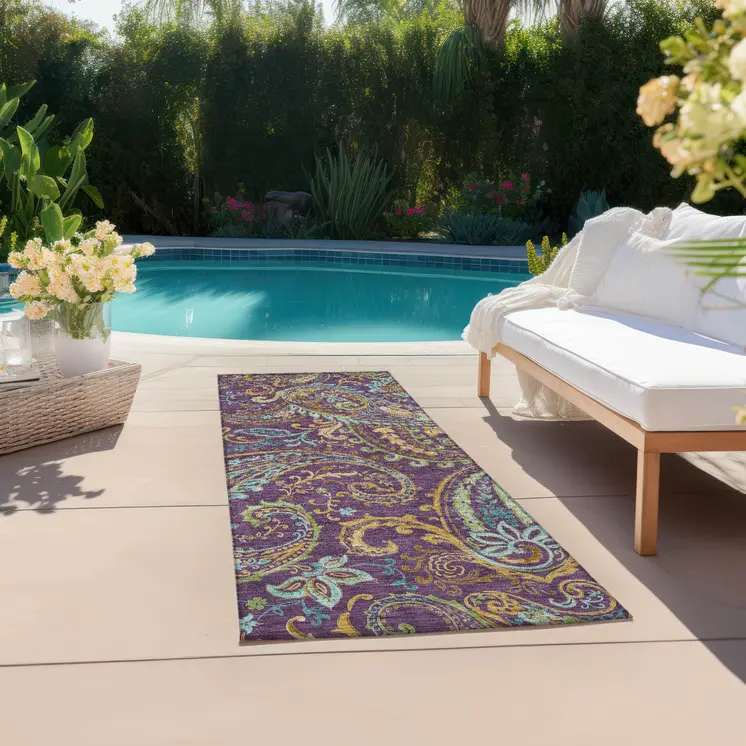 8' Runner Purple Paisley Washable Non Skid Indoor Outdoor Runner Rug