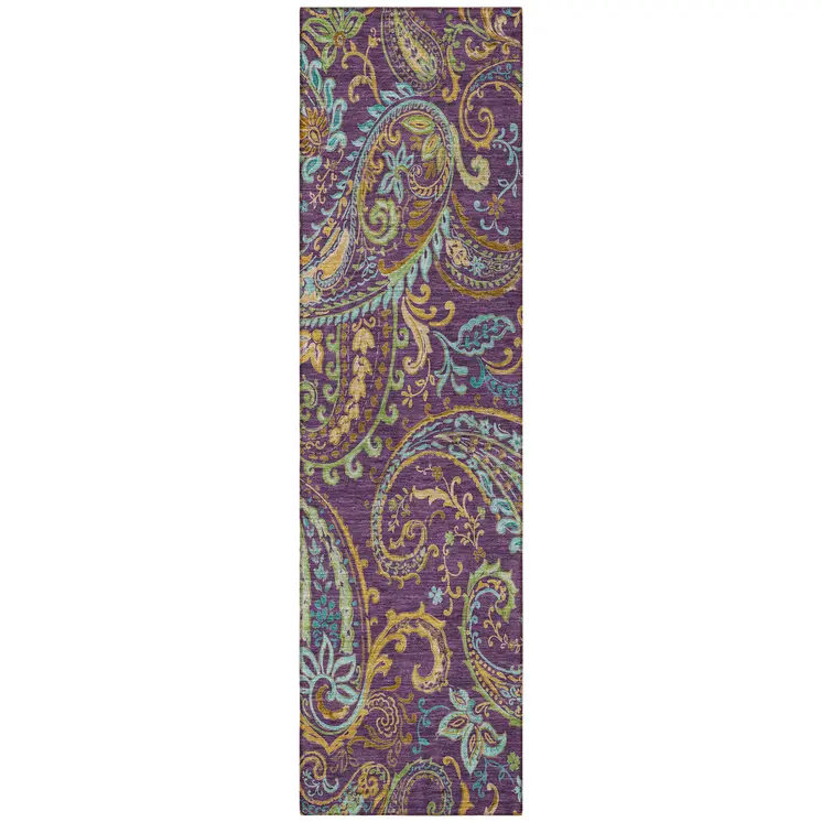 8' Runner Purple Paisley Washable Non Skid Indoor Outdoor Runner Rug