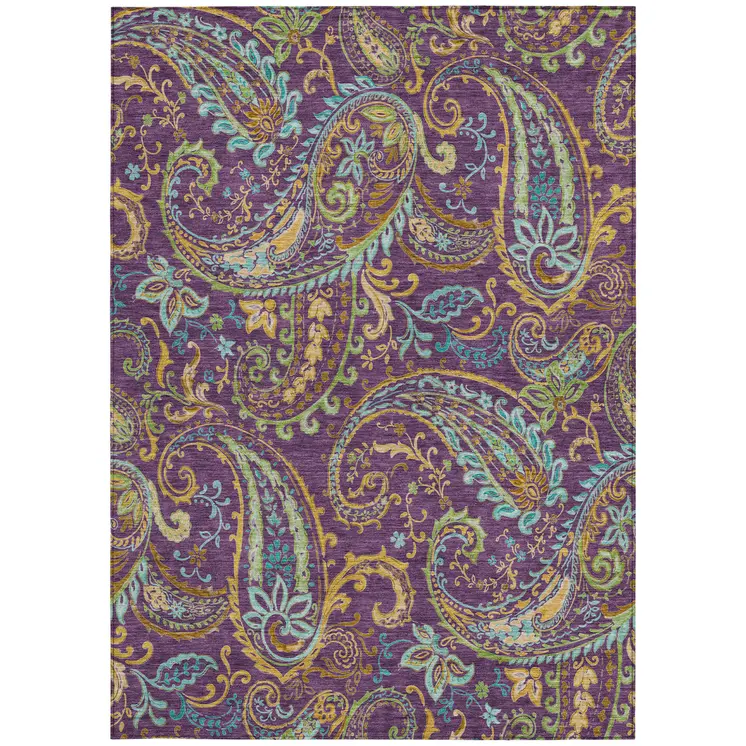 3' X 5' Purple Turquoise and Gold Paisley Washable Non Skid Indoor Outdoor Area Rug