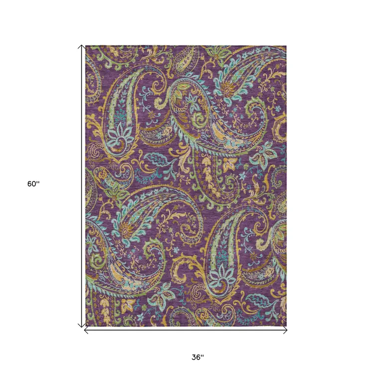 3' X 5' Purple Turquoise and Gold Paisley Washable Non Skid Indoor Outdoor Area Rug