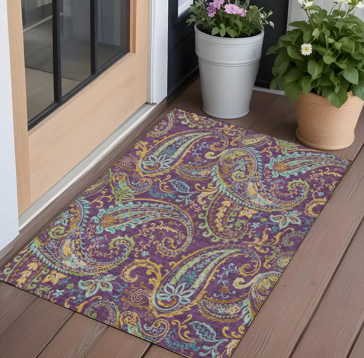 3' X 5' Purple Turquoise and Gold Paisley Washable Non Skid Indoor Outdoor Area Rug