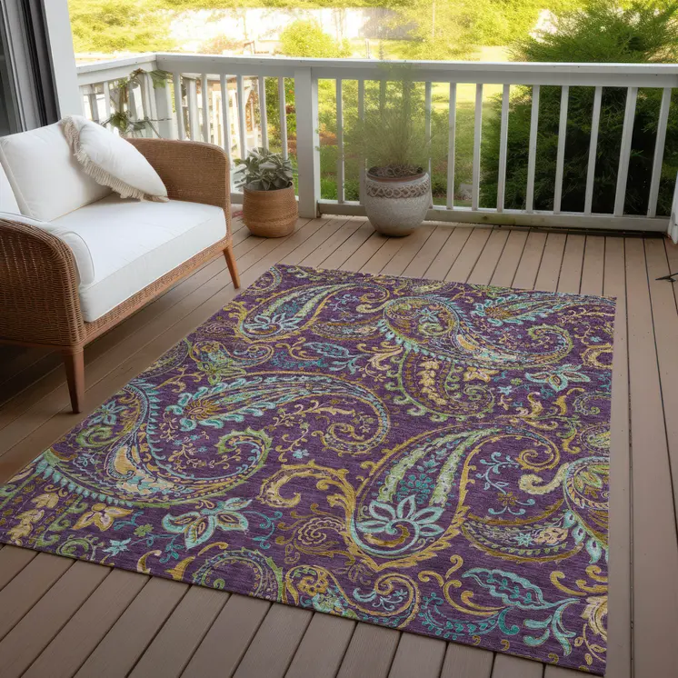 8' X 10' Purple Turquoise and Gold Paisley Washable Non Skid Indoor Outdoor Area Rug