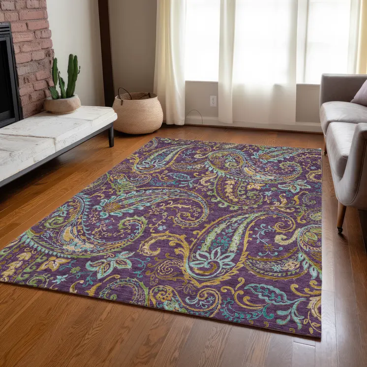 8' X 10' Purple Turquoise and Gold Paisley Washable Non Skid Indoor Outdoor Area Rug
