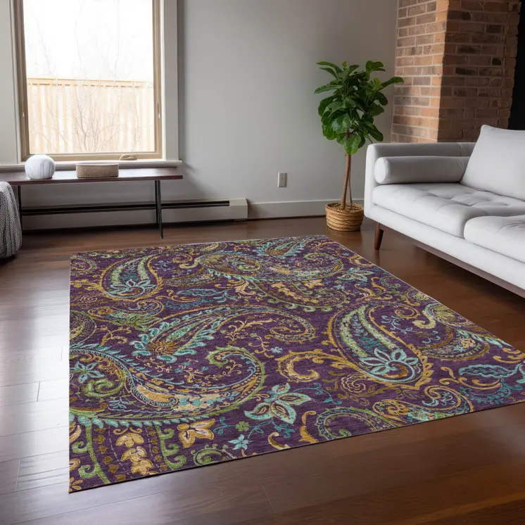 9' X 12' Purple Turquoise and Gold Paisley Washable Non Skid Indoor Outdoor Area Rug