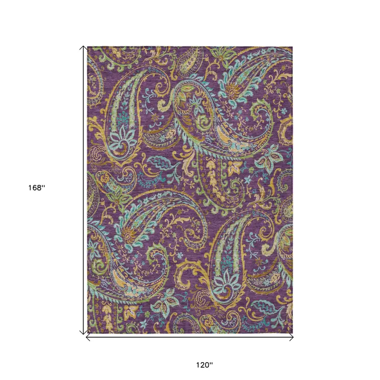 10' X 14' Purple Turquoise and Gold Paisley Washable Non Skid Indoor Outdoor Area Rug