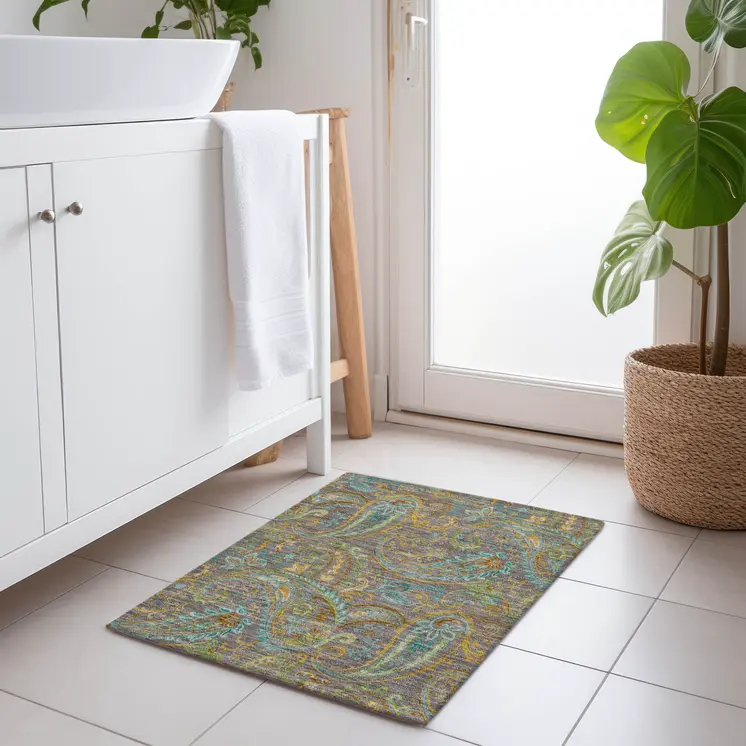 2' X 3' Taupe Paisley Washable Non Skid Indoor Outdoor Area Rug