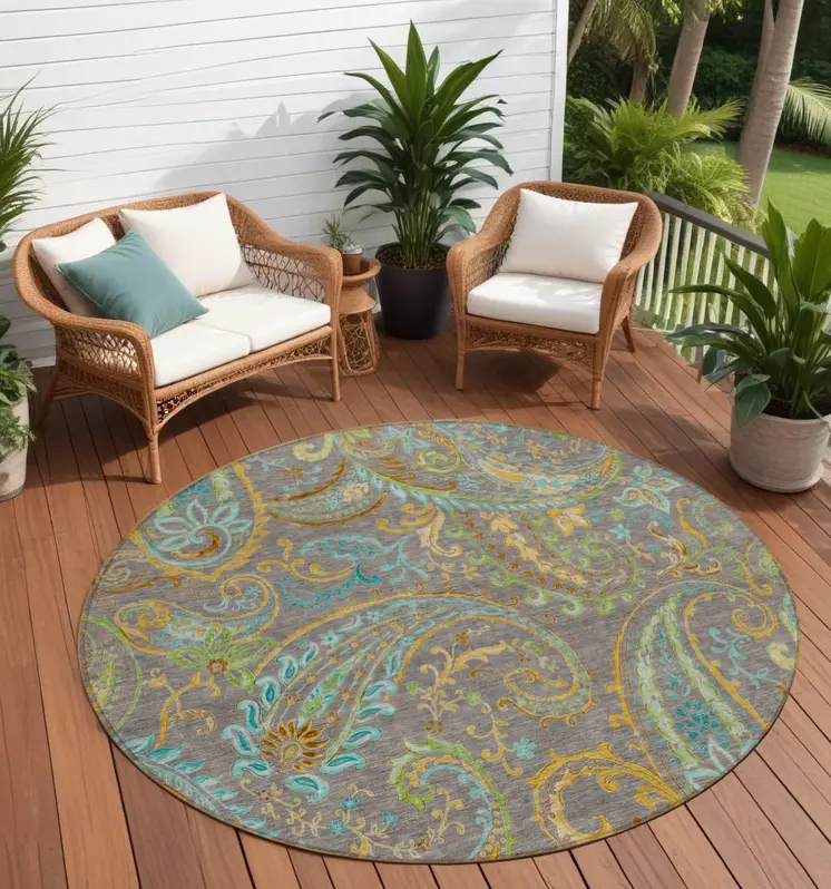 8' Round Taupe Round Paisley Washable Non Skid Indoor Outdoor Area Rug