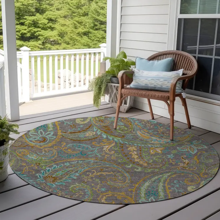 8' Round Taupe Round Paisley Washable Non Skid Indoor Outdoor Area Rug