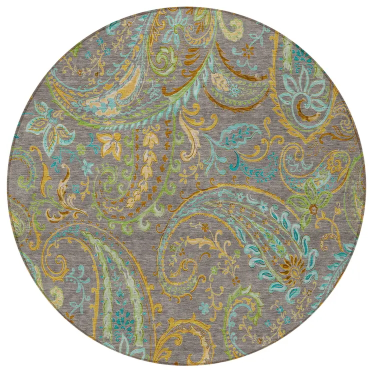 8' Round Taupe Round Paisley Washable Non Skid Indoor Outdoor Area Rug