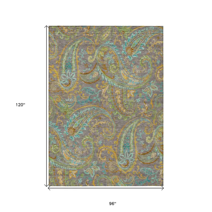 8' X 10' Taupe Paisley Washable Non Skid Indoor Outdoor Area Rug