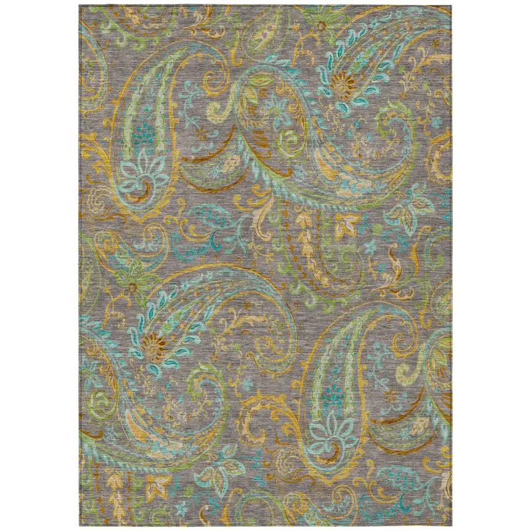 8' X 10' Taupe Paisley Washable Non Skid Indoor Outdoor Area Rug