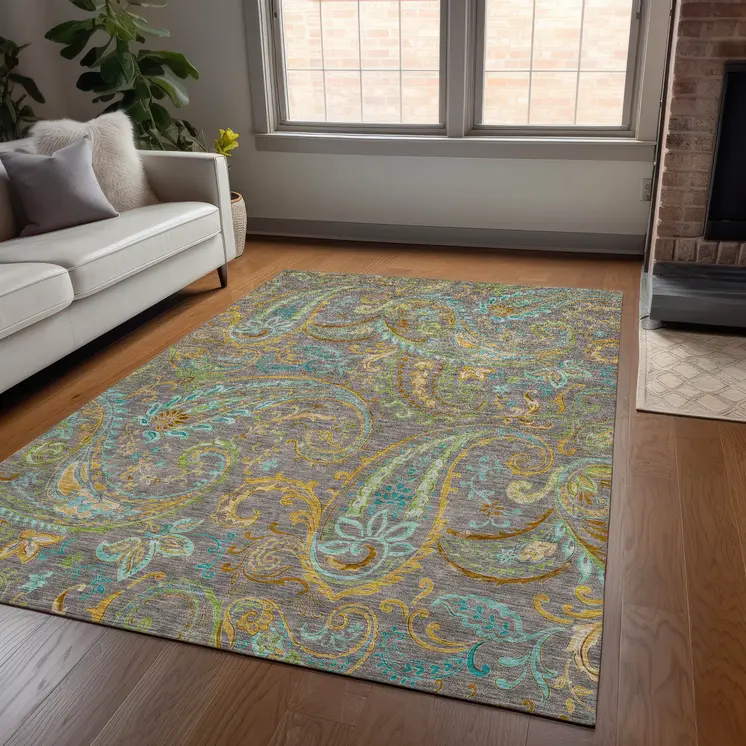 8' X 10' Taupe Paisley Washable Non Skid Indoor Outdoor Area Rug