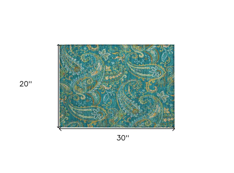 2' X 3' Teal Paisley Washable Non Skid Indoor Outdoor Area Rug
