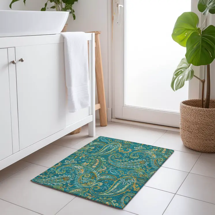 2' X 3' Teal Paisley Washable Non Skid Indoor Outdoor Area Rug