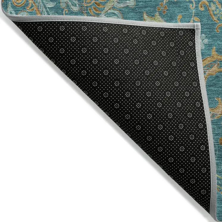 8' Runner Teal Paisley Washable Non Skid Indoor Outdoor Runner Rug
