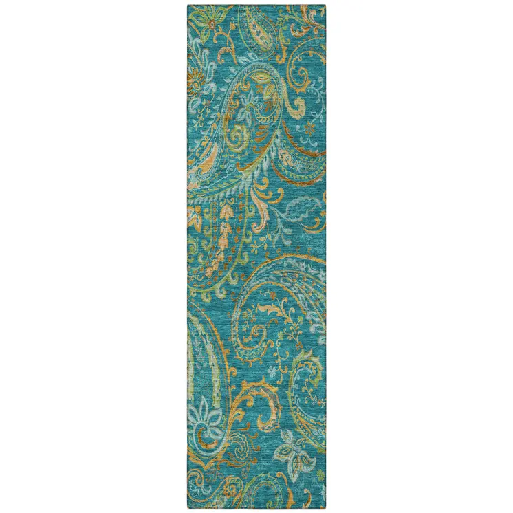 8' Runner Teal Paisley Washable Non Skid Indoor Outdoor Runner Rug