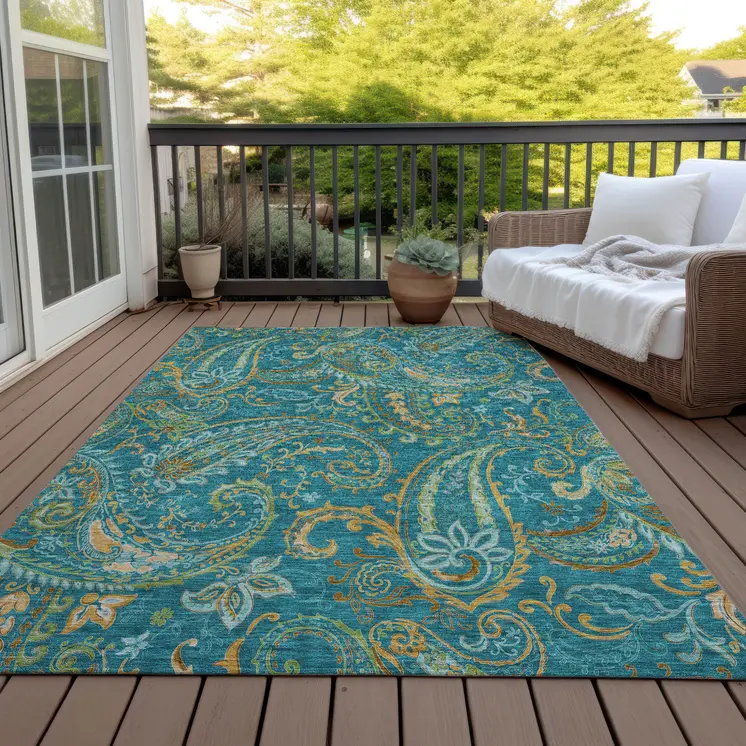 3' X 5' Teal Paisley Washable Non Skid Indoor Outdoor Area Rug